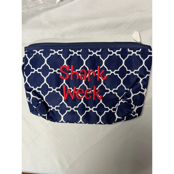 Thirty One Initials Inc Shark Week Cosmetic‎ Bag Travel Pouch Navy Tile NEW - Picture 1 of 7